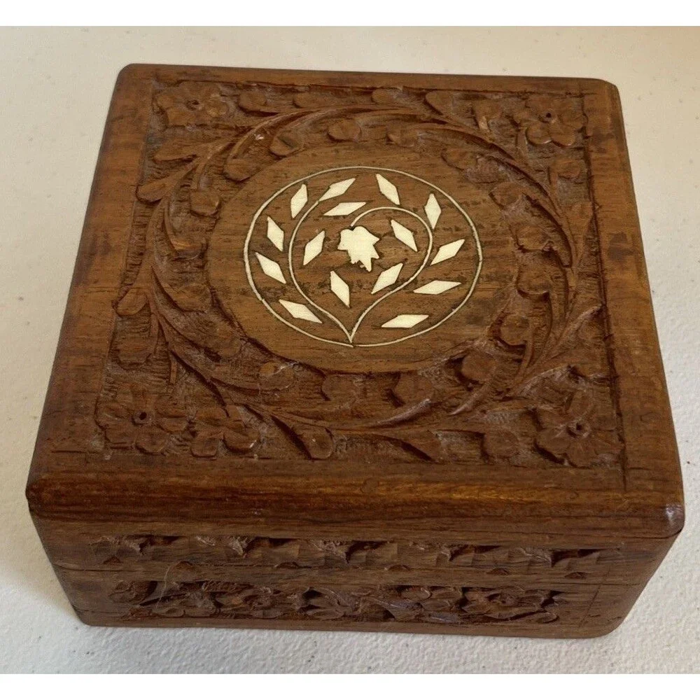 VTG Hand Carved Wooden Box Mother Pearl Inlay Trinket Hinged Lid 5”X5”X2.5” - Picture 1 of 13